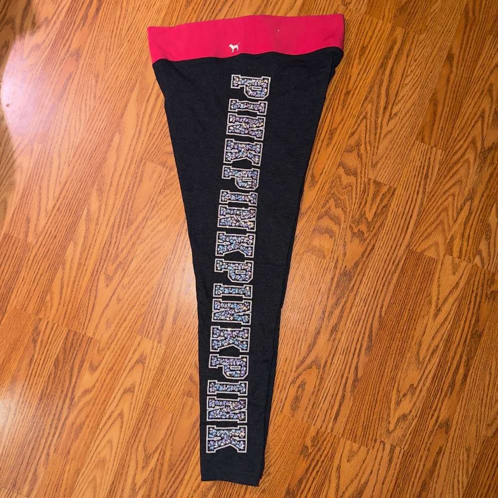 PINK Victoria’s Secret Yoga Leggings Black Sequins Logo Activewear Gym Pants L - Picture 2 of 9